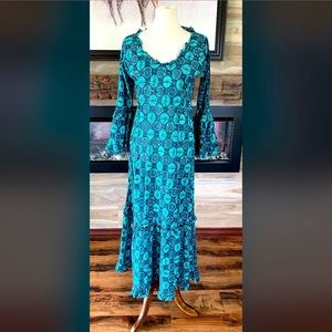 One Season long blue dress with flowers motifs. Size S
